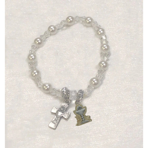 Imitation Pearl Stretch Bracelet With Chalice And Cross