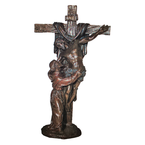 Christ with St. Francis Crucifixion in lightly hand-painted cold cast bronze 11.5"