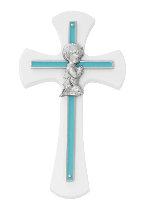 7" Blue Boy Wall Cross on White Wood 73-77