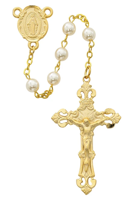 Gold Plated Pewter and Pearl Rosary R491HF