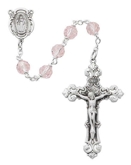 Rhodium 7mm Pink Tin-Cut Bead Rosary R479RF