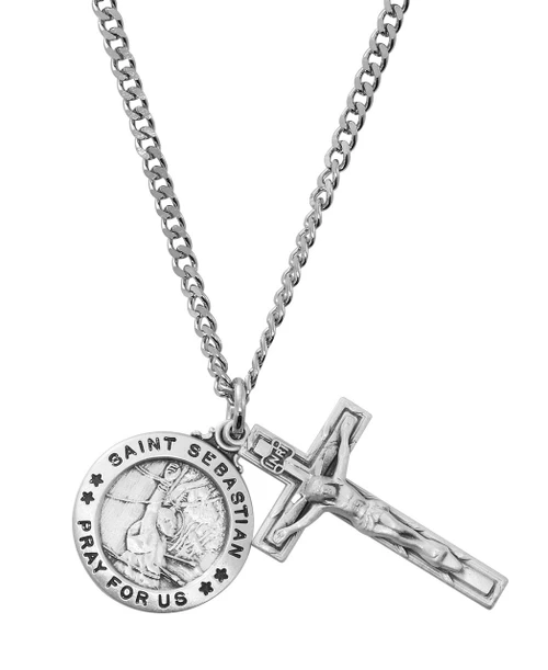 St. Sebastian Medal and Crucifix Sterling Silver Set on 24" Chain LD114