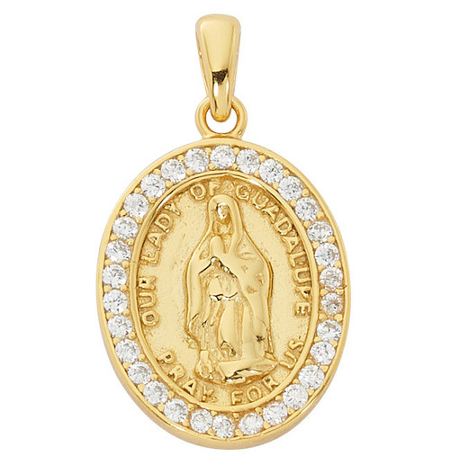 Gold over Sterling Silver Oval Guadalupe Medal with CZ on 18" Chain J703