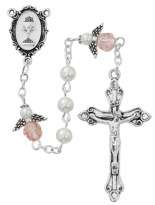 5mm White Pearl Rosary with Pink Angel Beads and Enamel Center R920W