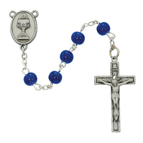 6mm Blue First Communion Rosary with Chalice Center C75DB