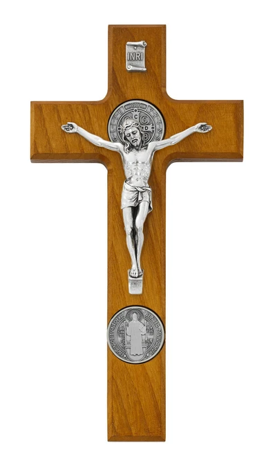9" Walnut Stain St. Benedict Wall Crucifix 80-205