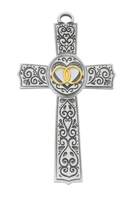 6" Filigree Wedding Cross with Gold Plated Rings 71-21