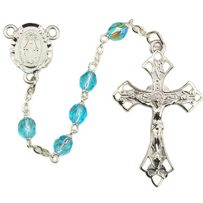 6mm Aqua Rosary with Rhodium Crucifix and Center R272RF