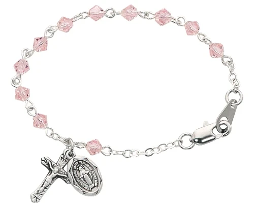 5 1/2" Rose Crystal Baby Bracelet with Sterling Silver Crucifix BR121