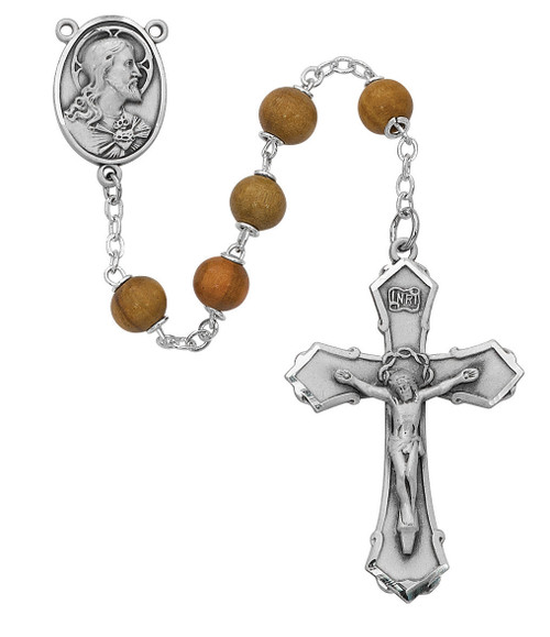 7mm Round Olive Wood Rosary with Sterling Silver Crucifix and Center 126LF