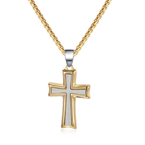 18kt Gold Plated Two-Tone Titanium Steel Cross on 24" Box Chain H116
