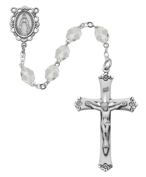 6mm Crystal April Birthstone Rosary with Sterling Silver Crucifix and Center 875L-CRKF
