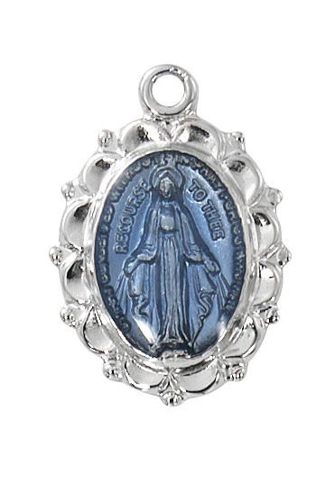 Sterling Silver Blue Miraculous Medal on Rhodium Chain L834