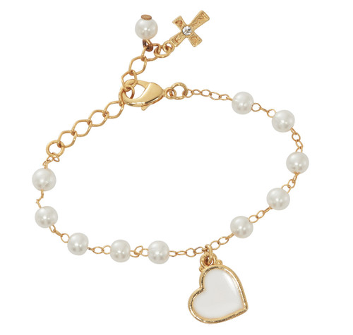 Gold Plated 5mm Pearl Rosary Bracelet with White Epoxy Heart BR103W