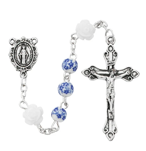 Blue Ceramic Flower Bead Rosary with Miraculous Center R767WM