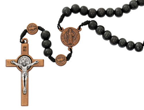 7mm Black Wood Rosary with Copper St. Benedict Crucifix P393R