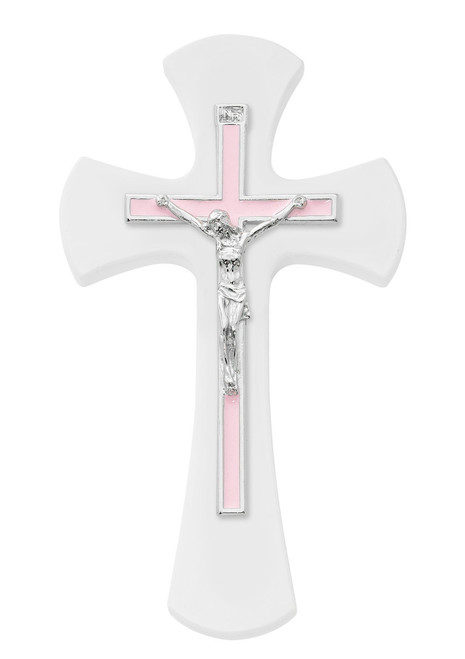 7" White Wood Wall Cross with Pink Epoxy Crucifix 73-81
