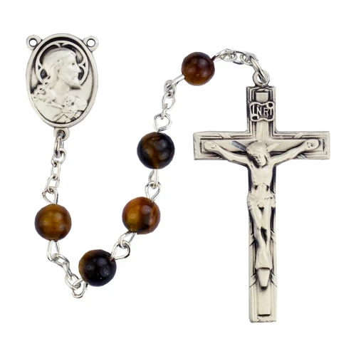 4x6mm Brown Bead Rosary with Satin Silver Crucifix R376SF