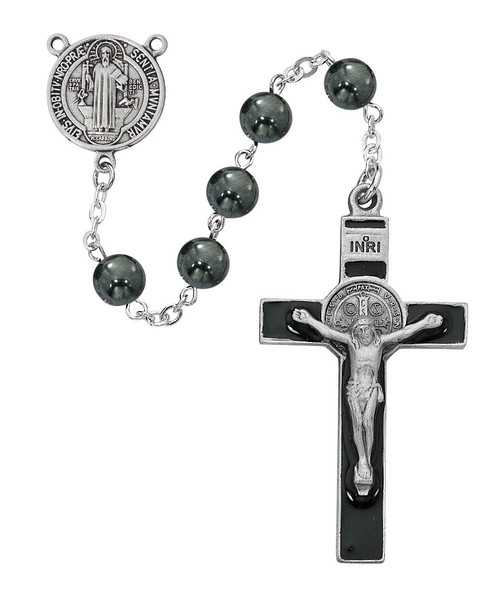 8mm Hematite St. Benedict Rosary with Black Epoxy Crucifix R974F
