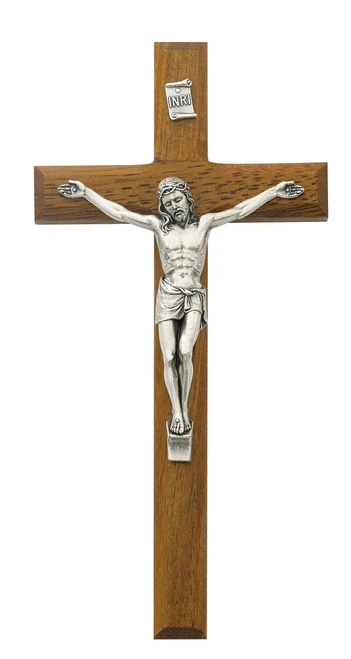 8" Beveled Walnut Wall Crucifix with Silver Corpus 81-14