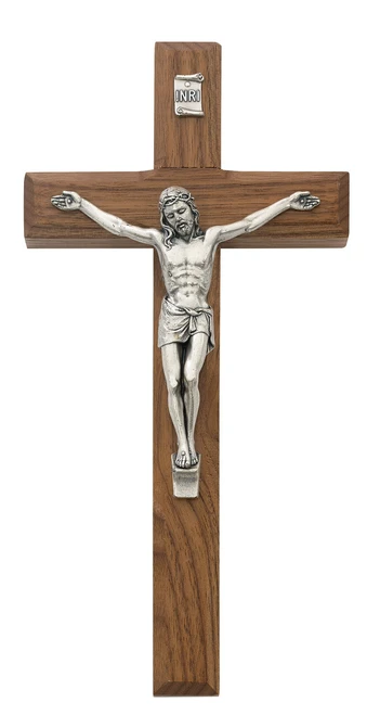 8" Beveled Walnut Wall Crucifix with Silver Corpus 80-02