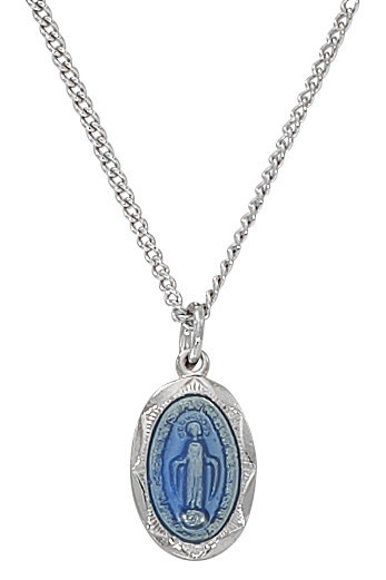 Sterling Silver Baby Miraculous Medal with Blue Epoxy on 13" Chain L1203B