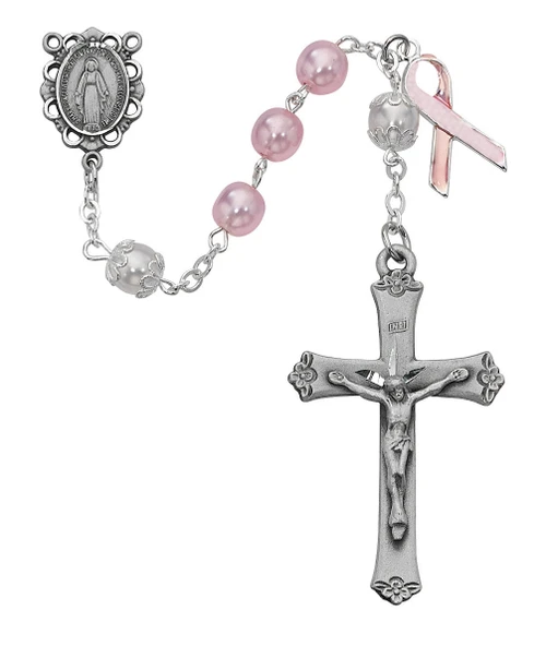 7mm Pink Pearl Cancer Awareness Rosary with Sterling Silver Crucifix and Center 791LF