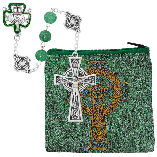 8mm Green Glass Irish Rosary with Celtic Cross Our Father Beads and Pouch P626RP