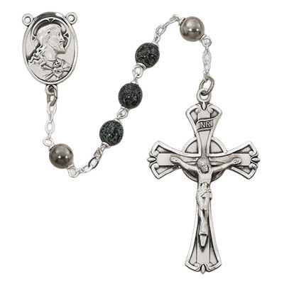 7mm Green and Black Bead Rosary with Sterling Silver Crucifix and Center 587L/F