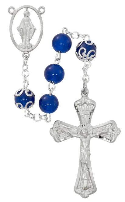 8mm Blue Glass Capped Our Father Bead Miraculous Rosary R988RF