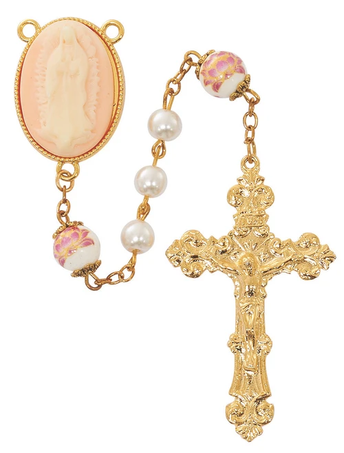 6mm Pearl Our Lady of Guadalupe Cameo Rosary R919F