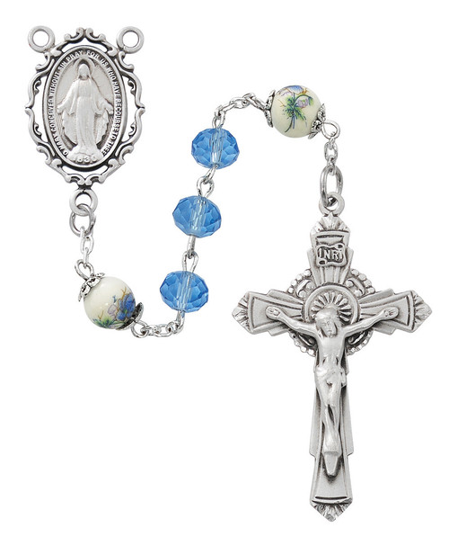 8mm Blue Crystal Miraculous Rosary with Sterling Silver Crucifix and Center R918LF