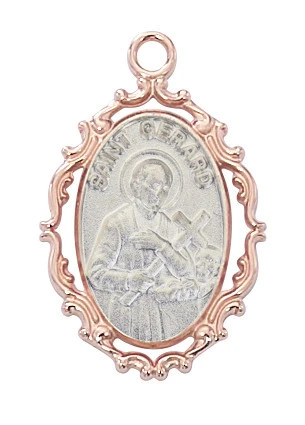 Sterling Silver St. Gerard Medal with Rose Gold Plated Border on 18" Chain JR796
