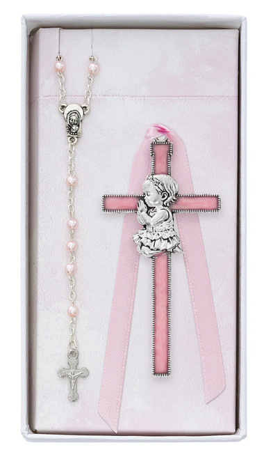 Pink Pearl Baby Girl Cross and Rosary Set BS78