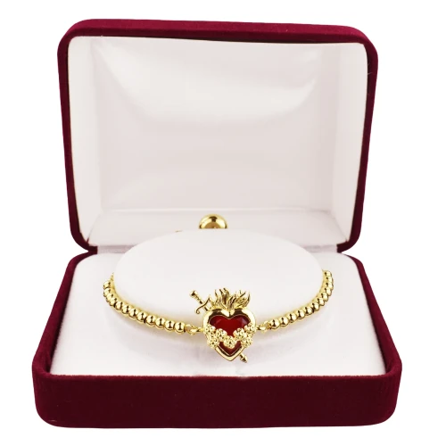 18kt Gold Plated Sacred Heart and Immaculate Heart Red Heart Bolo Bracelet BR298