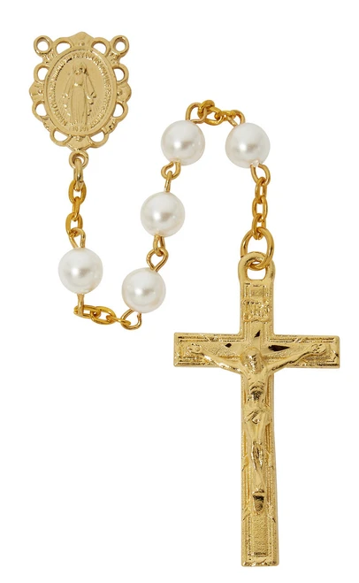 6mm Pearl Rosary with Gold Plated Crucifix R989HF