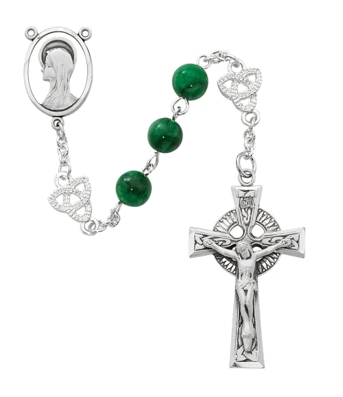 8mm Imitation Jade Irish Rosary with Sterling Silver Crucifix and Center R524LF