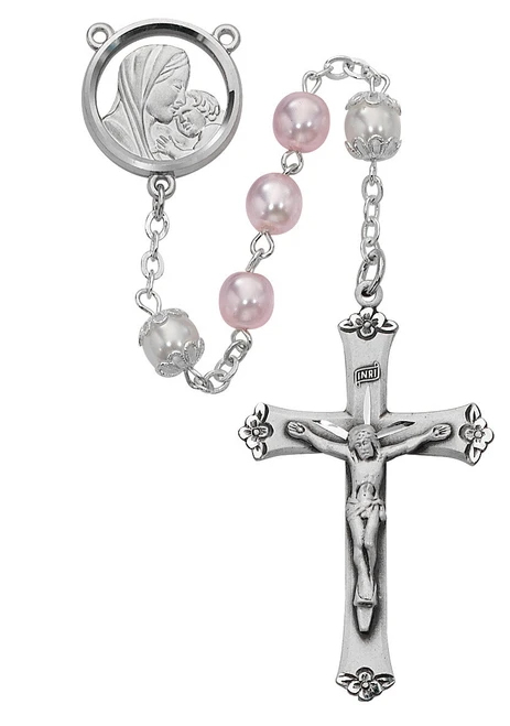 7mm Pink and Pearl Rosary with Sterling Silver Crucifix and Center 592LF