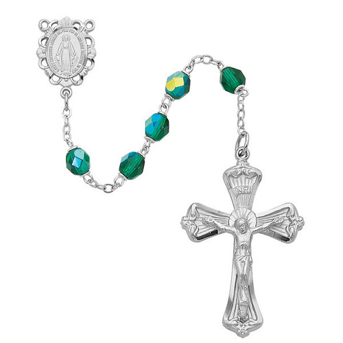 6mm Emerald Green Rosary with Rhodium Crucifix 880-EMKF