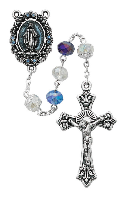Multi Blue Crystal Sun-Cut Bead Rosary with Blue Enamel Center R507SF