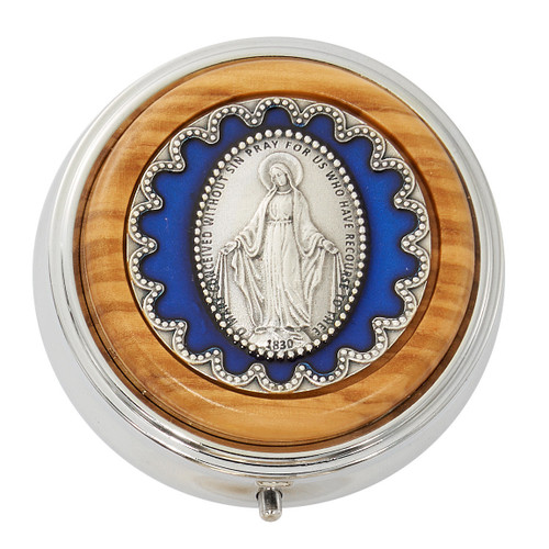 Olive Wood and Silver Miraculous Medal Keepsake Box 119-26
