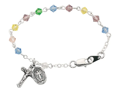 Multi-Color Crystal Baby Rosary Bracelet with Sterling Silver Medal 5 1/2" BR123