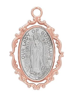Rose Gold and Sterling Silver Our Lady of Guadalupe Medal on 18" Chain JR785