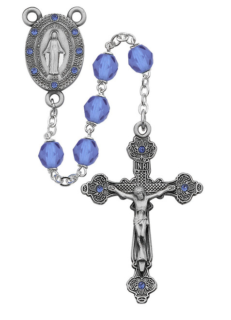 6mm Blue Bead Rosary with Blue Crystal Stone Crucifix R123DF