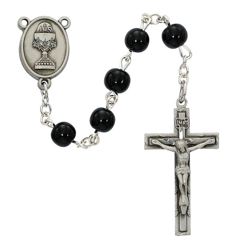 6mm Black Glass First Communion Rosary with Chalice Center C73DB