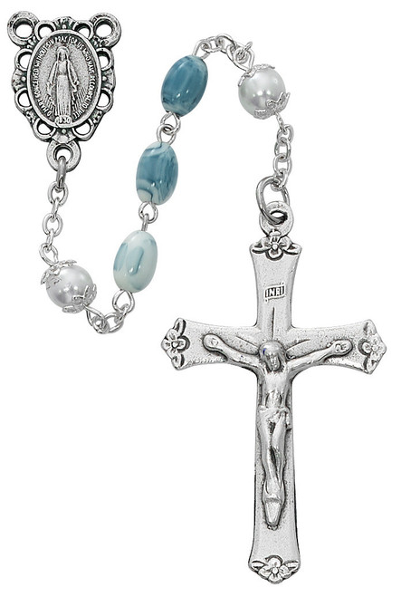 Oval Blue Swirl Glass Bead Rosary R717F