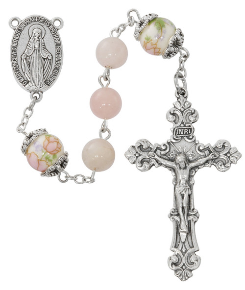 8mm Rose Quartz Rosary with Pink Flower Our Father Beads R932F