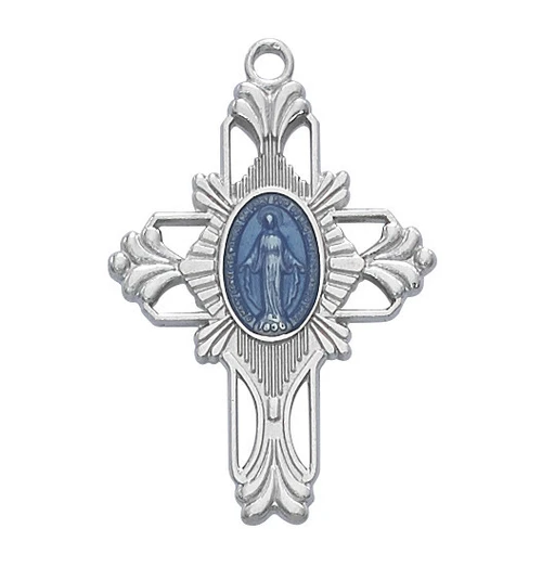 Rhodium over Pewter Blue Epoxy Miraculous Cross on 20" Chain RC678E