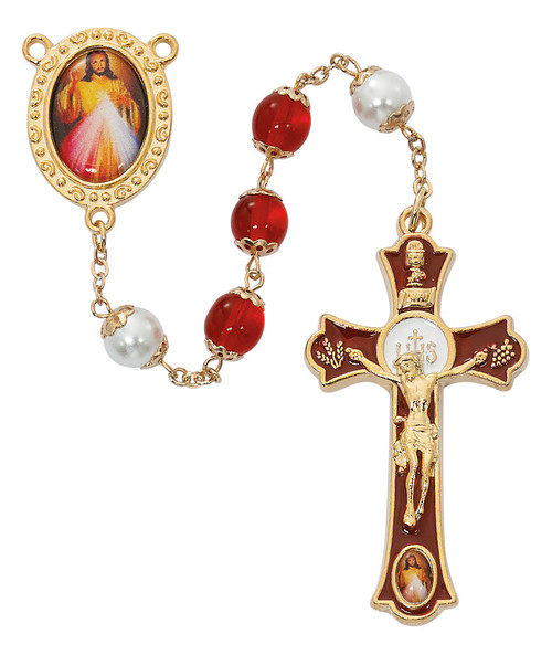8mm Red and Pearl Glass Divine Mercy Rosary R780HF