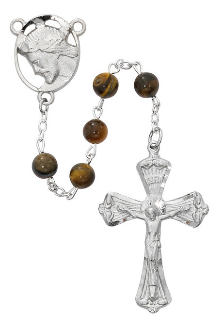 6mm Genuine Tiger Eye Rosary with Rhodium Crucifix R754F